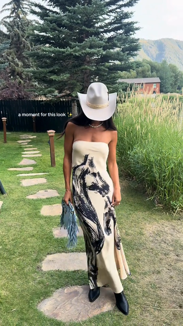 Cream Strapless Maxi Dress with Black Graphic