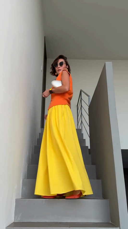 Orange Sleeveless Cardigan with Yellow Maxi Skirt Set