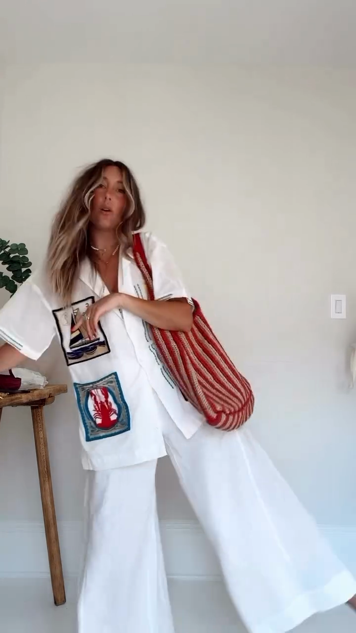 Embroidered Patch Sheer Shirt & Wide - Leg Pants Set