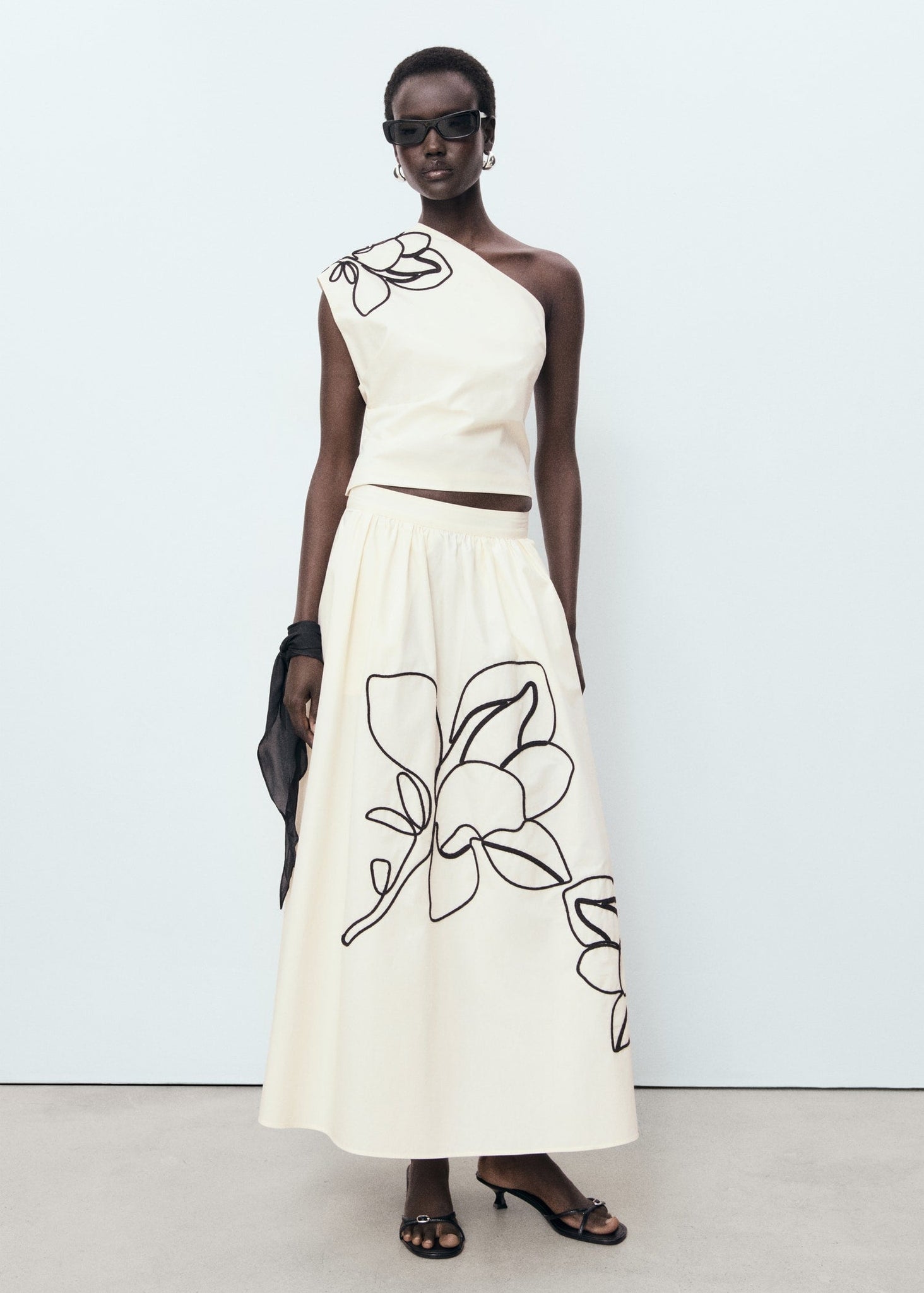 Cream - Colored One - Shoulder Top and Floral Skirt Set