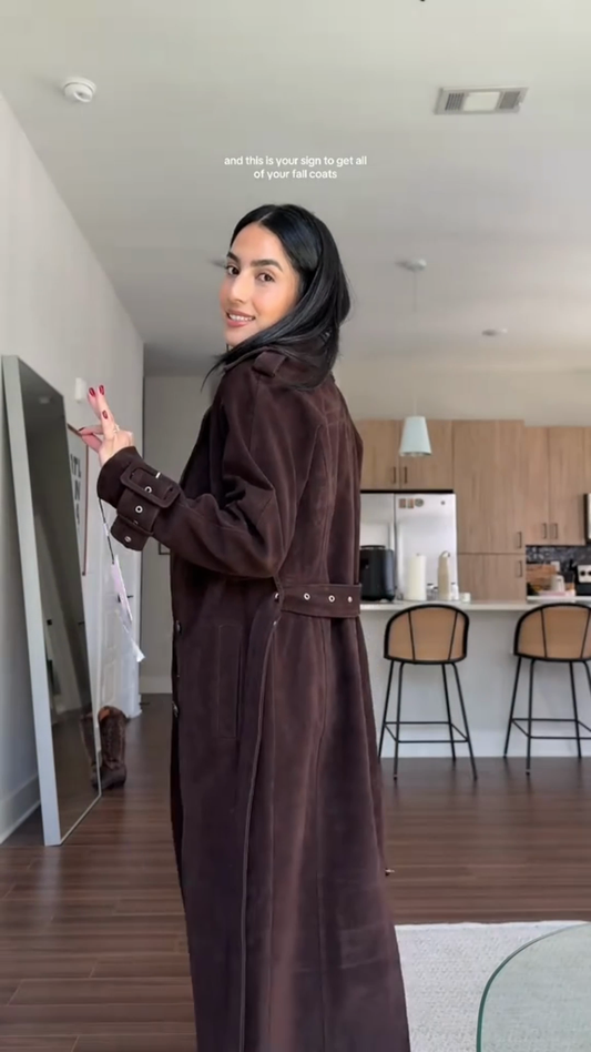 Brown Suede Belted Trench Coat