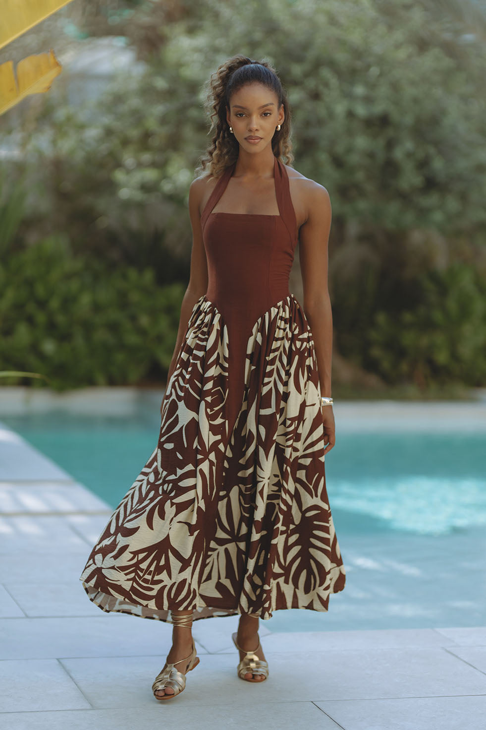 Brown Tropical Print Halter Maxi Dress