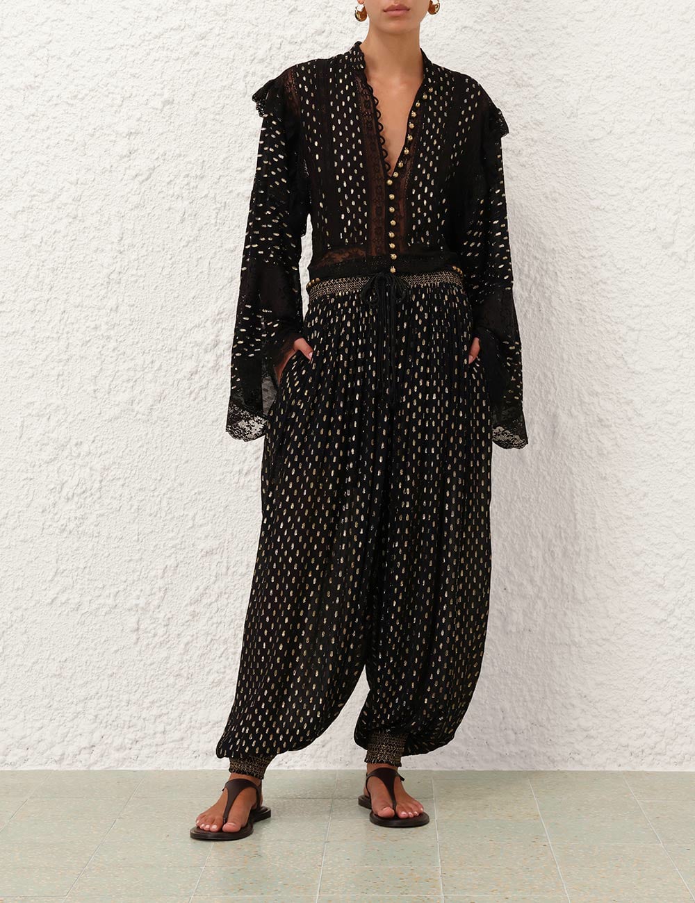 Black Polka Dot Lace - Trimmed Jumpsuit
