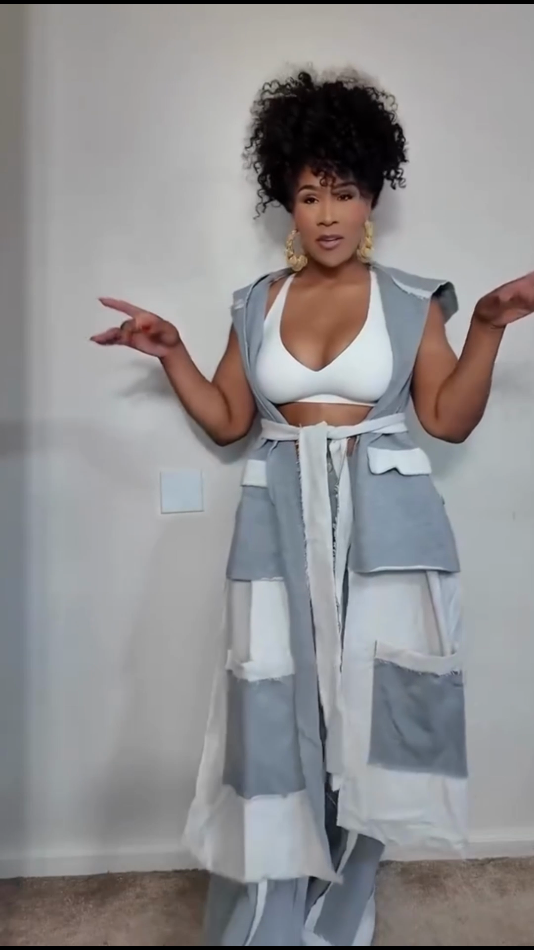 Grey and White Patchwork Sleeveless Vest and Wide - leg Pants Set