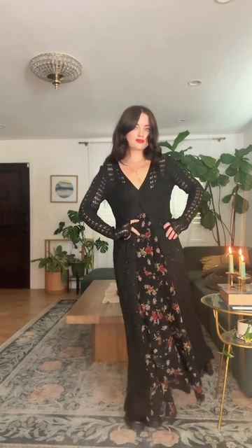 Black Crochet Cardigan and Floral Maxi Skirt Set