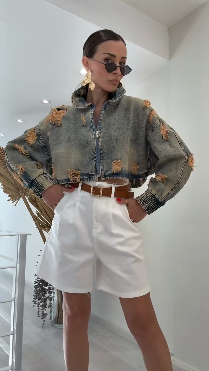 Distressed Cropped Denim Jacket
