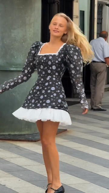 Black Floral Print Square - Neck Mini Dress