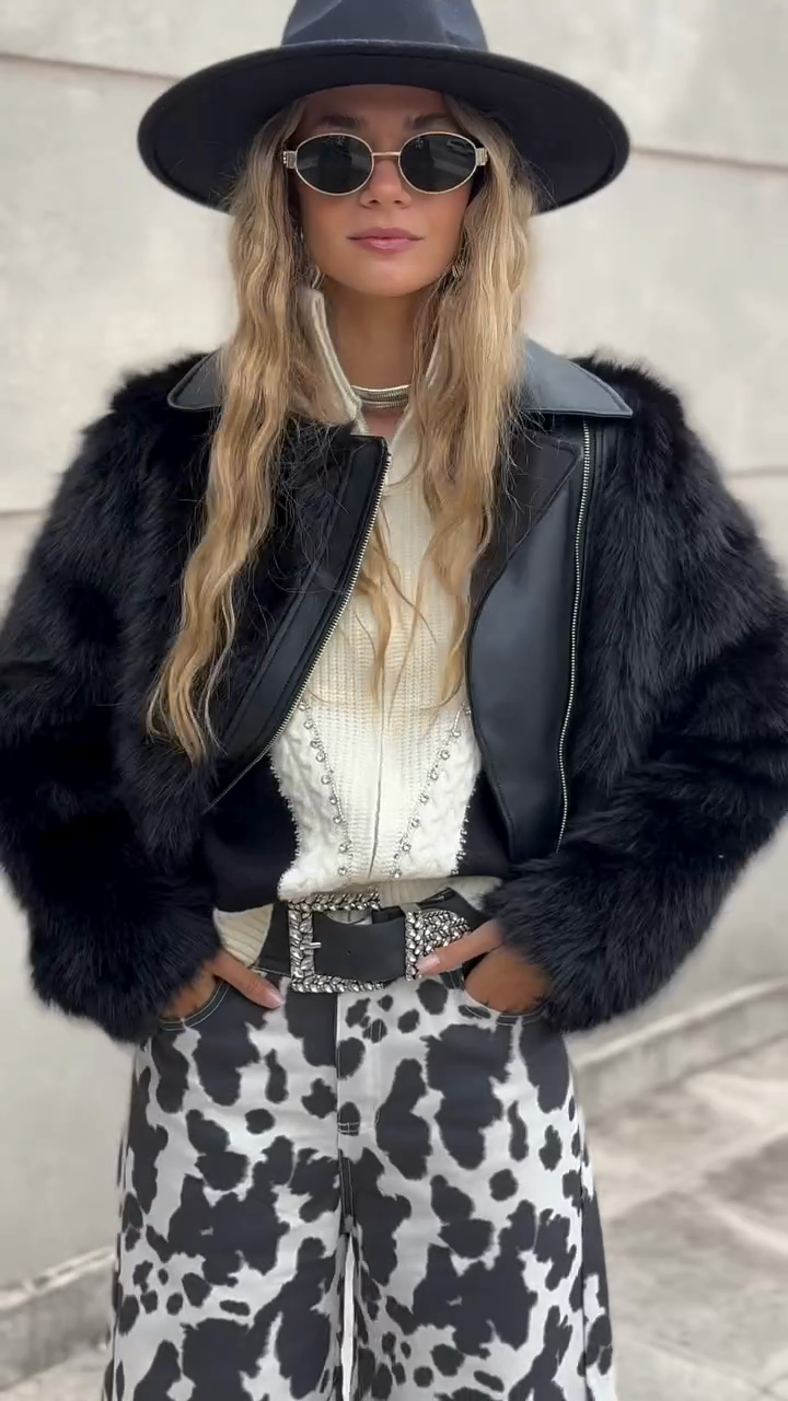 Black Faux Fur - Sleeved Biker Jacket