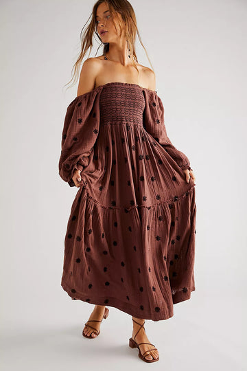 Embroidered Puff - Sleeve Maxi Dress