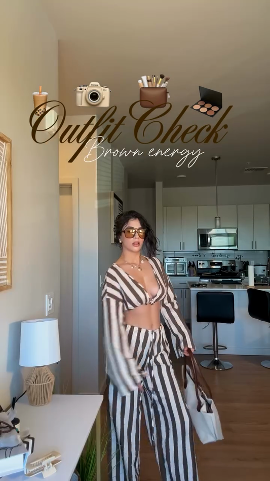 Brown - White Striped Crop Top & Pants Set