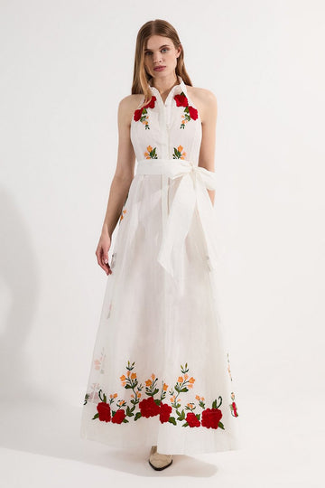 White Floral - Embroidered Halter Maxi Dress