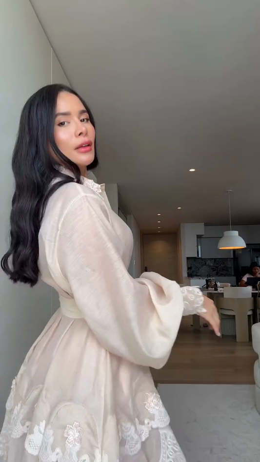 Beige Embroidered Shirt Dress with Belt