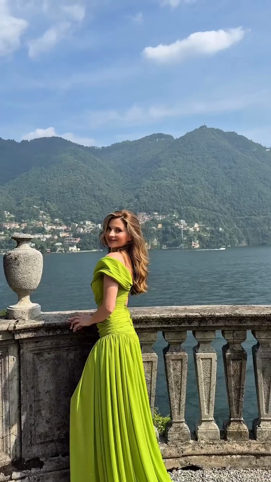 Lime Green Off - Shoulder Ruched Maxi Gown Product Description