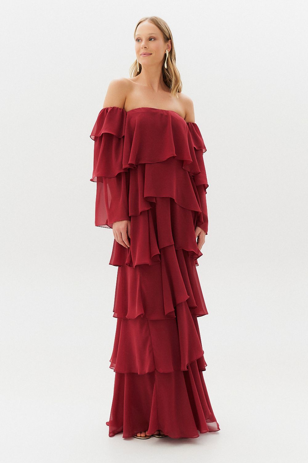 Off - Shoulder Tiered Chiffon Maxi Dress