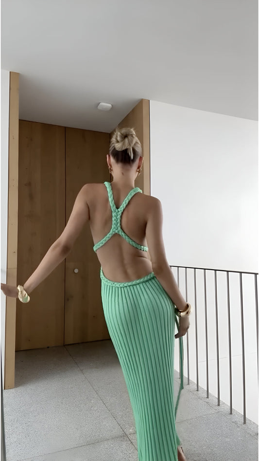 Green Halter Pleated Cut - Out Maxi Dress