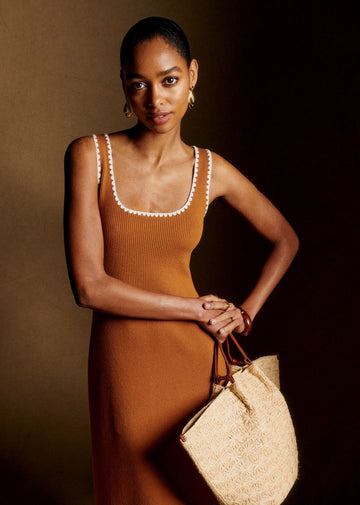 Brown Ribbed Knit Midi Dress with Scalloped Trim