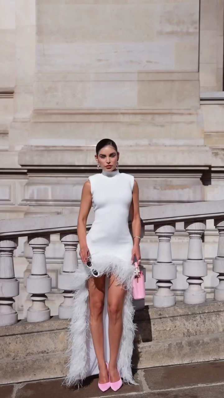 White Sleeveless Turtleneck Feather Train Mini Dress