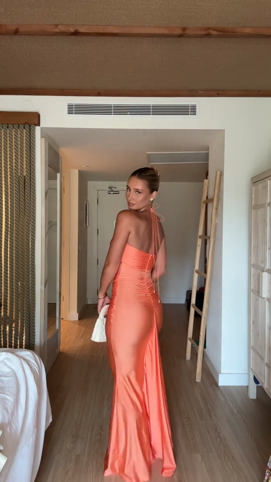 Coral Satin Halter Maxi Dress