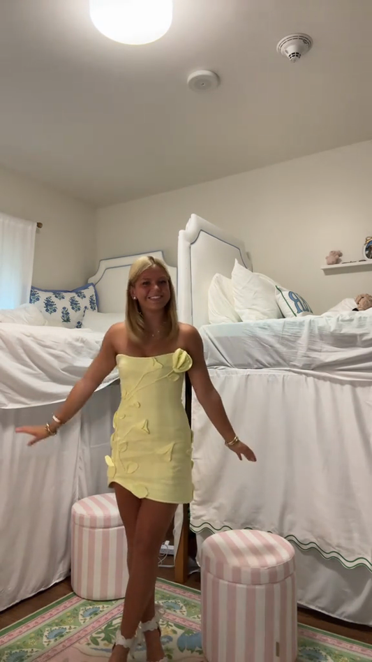 Lemon Yellow Strapless Floral Applique Mini Dress