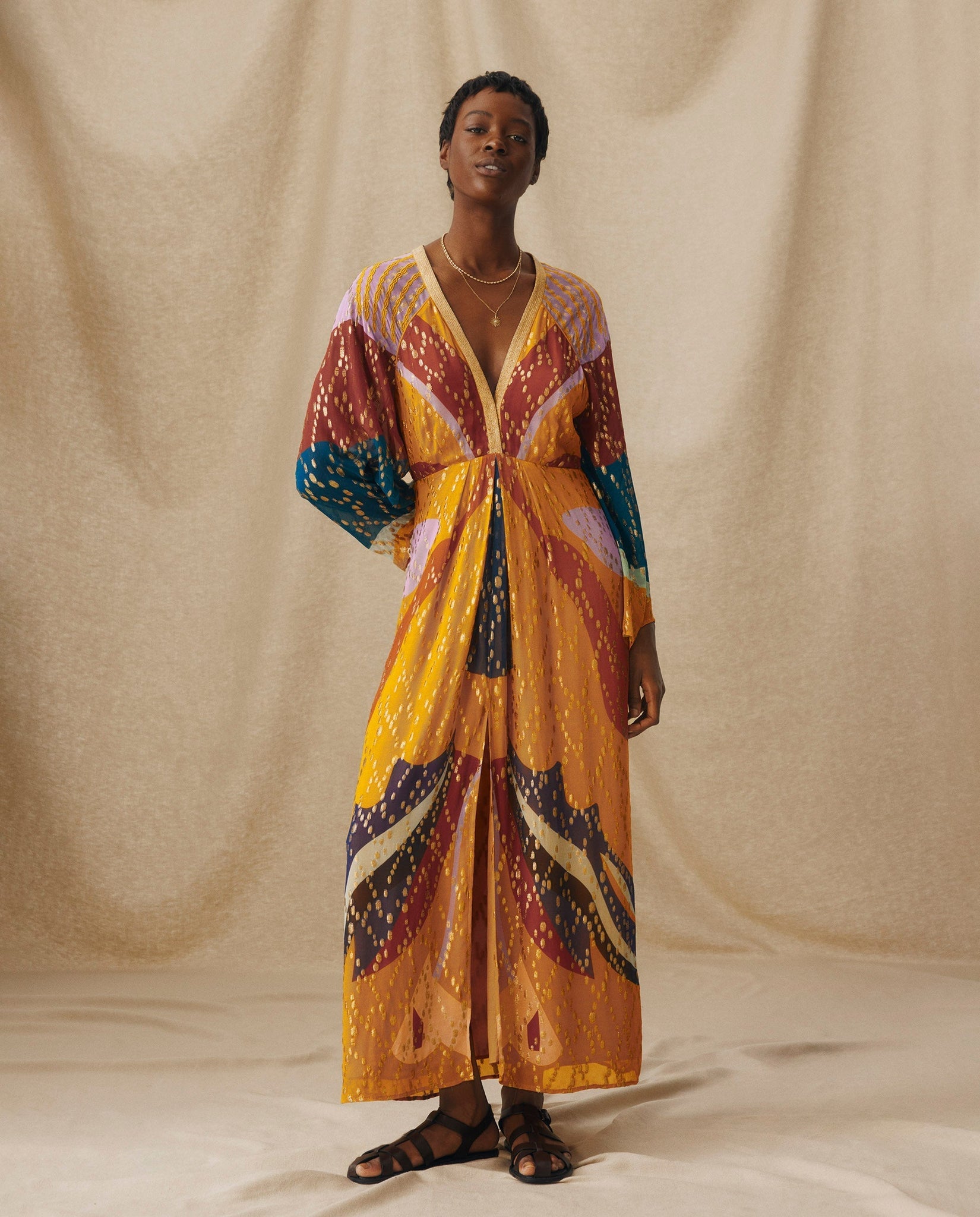 Colorful Patterned V - Neck Maxi Dress