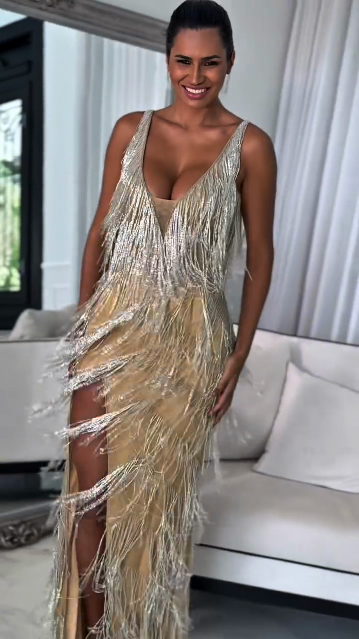 Gold Fringe - Trimmed Maxi Dress