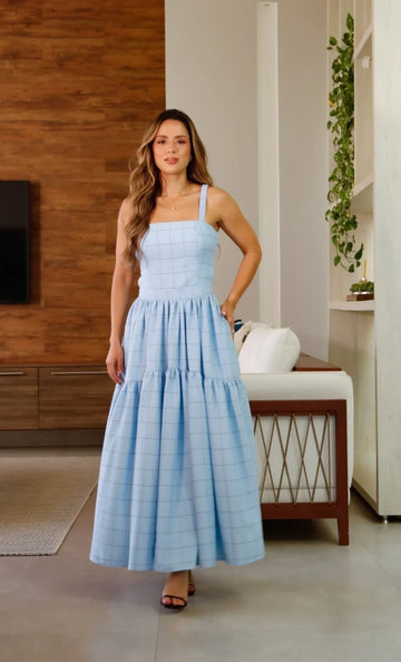 Light Blue Gingham Maxi Dress
