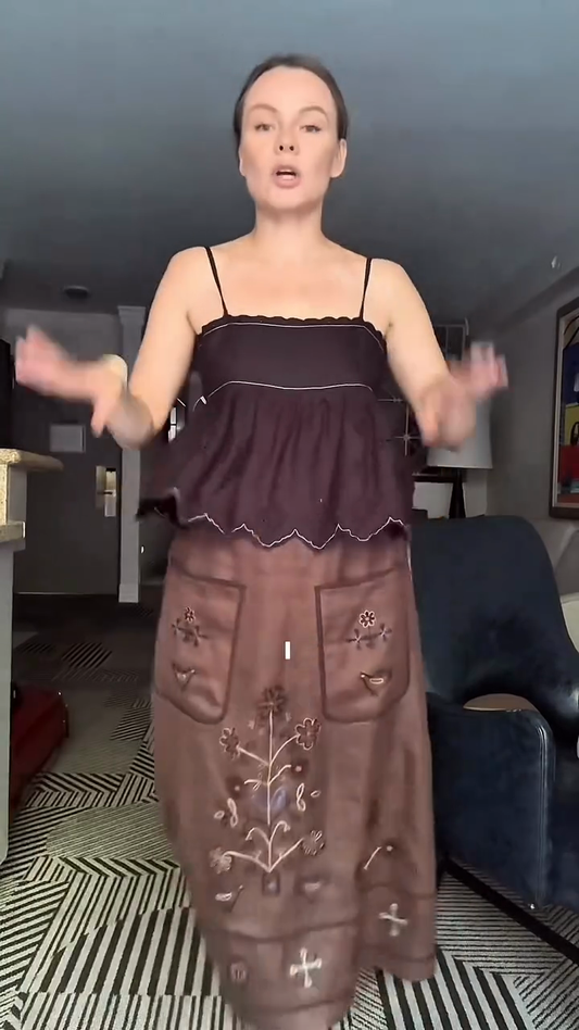 Dark Purple Spaghetti - Strap Top and Embroidered Brown Midi Skirt Set