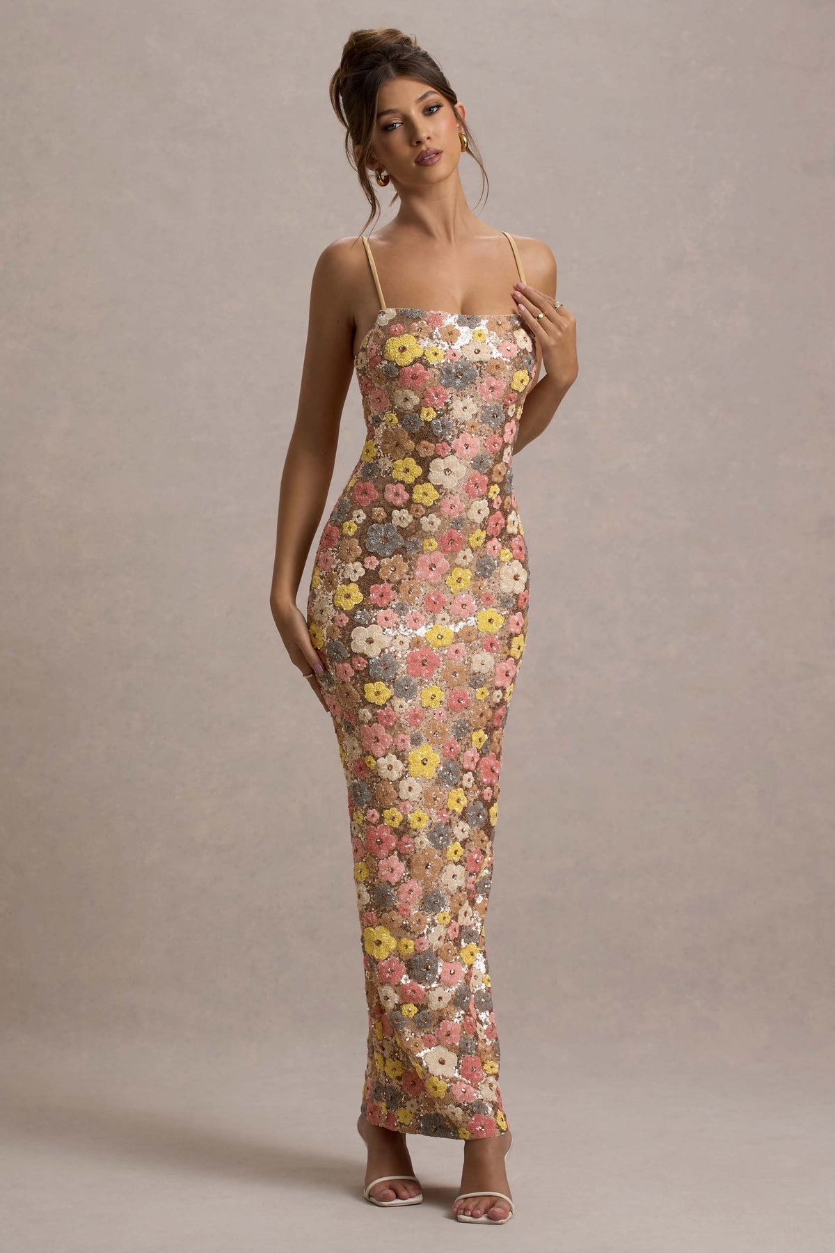 Floral Sequin Spaghetti Strap Maxi Dress