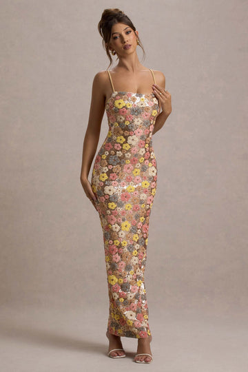 Floral Sequin Spaghetti Strap Maxi Dress