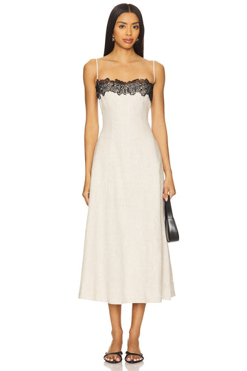 Beige Linen Midi Dress with Black Lace Trim