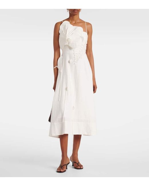 White Asymmetric One Shoulder Floral Midi Dress