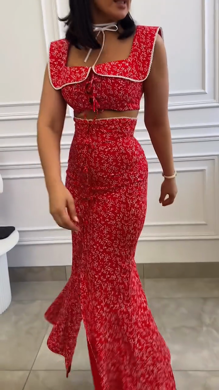 Red Ditsy Print Crop Top and Mermaid Skirt Set