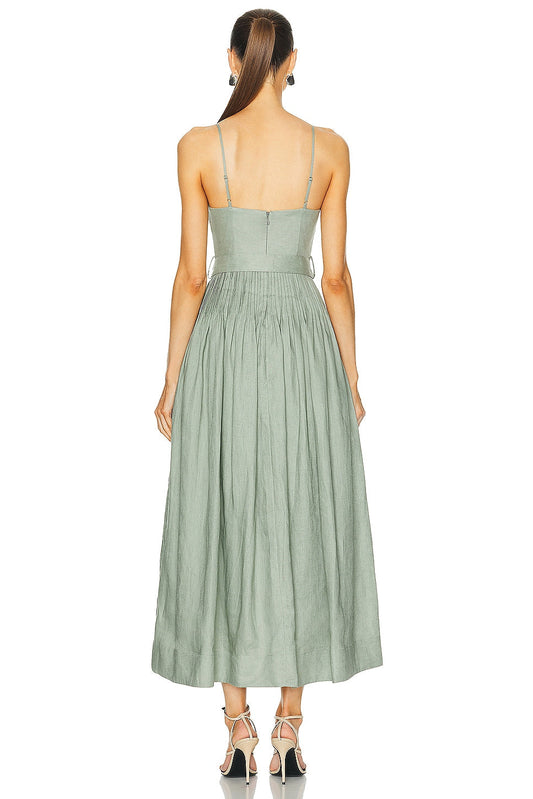 Light Green Spaghetti - Strap Midi Dress with Belt