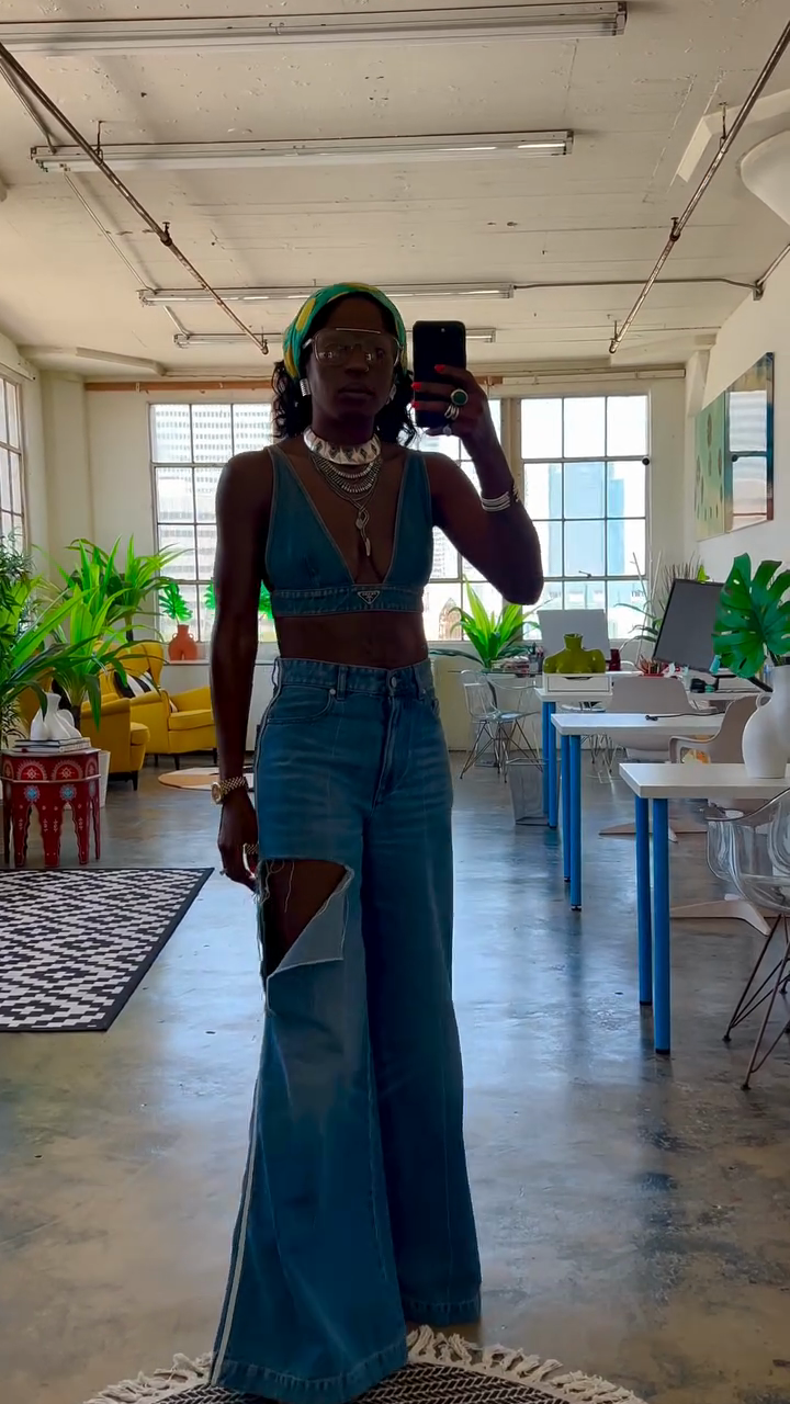 Denim Crop Top & Cutout Wide - Leg Jeans Set