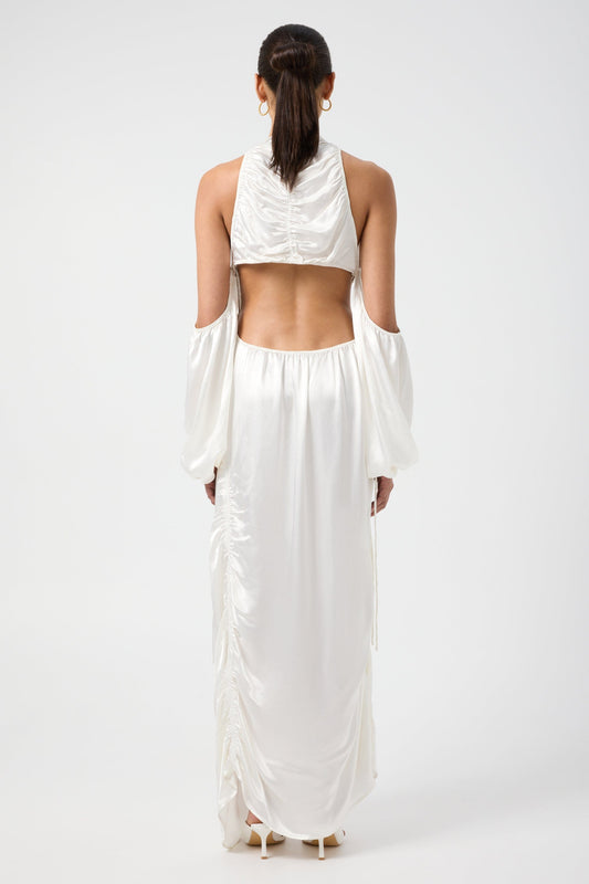 White Satin Open Back Long Sleeve Dress