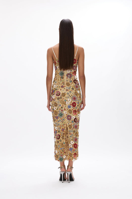 Gold Floral - Embellished Midi Dress