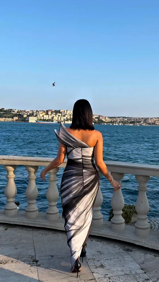 Black & White Striped One - Shoulder Maxi Dress