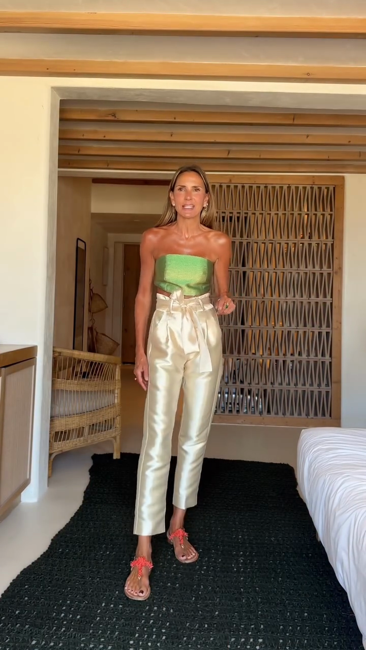 Green Strapless Crop Top with Satin Trousers Set