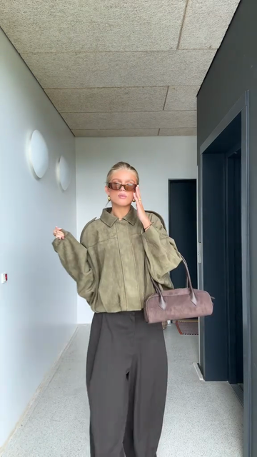 Olive Green Suede Oversized Shirt Jacket