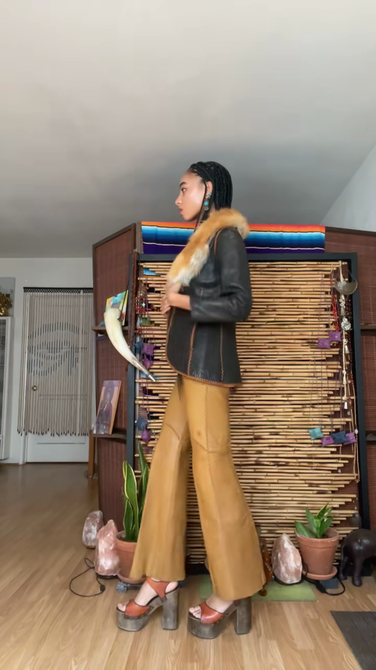 Black Leather Jacket with Yellow Fur Collar