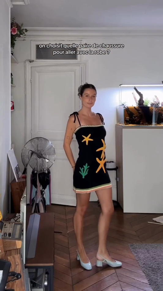 Black Knit Dress with Starfish & Coral Embroidery