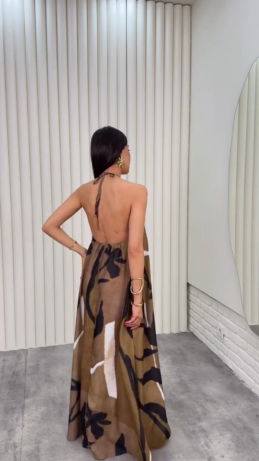 Brown Leaf Print Halter Dress