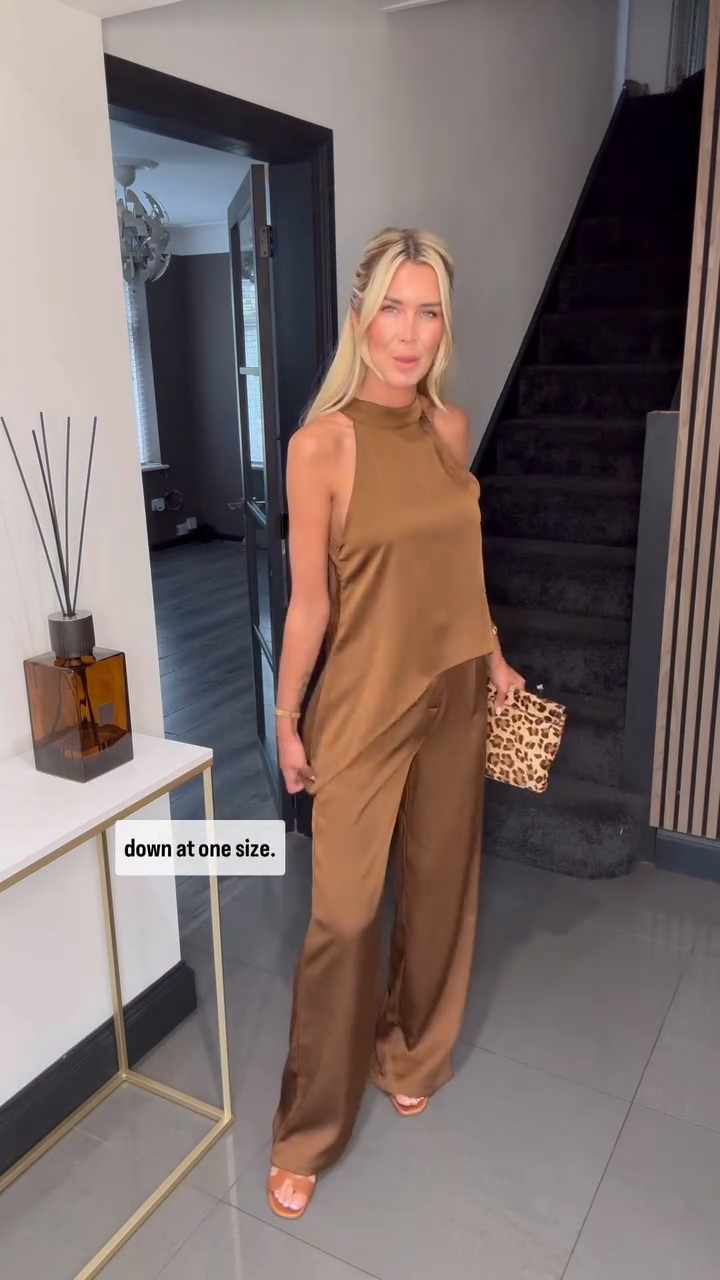 Brown Halter - neck Top and Wide - leg Pants Set