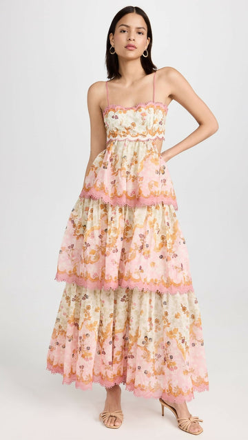 Pink and Cream Floral Print Tiered Maxi Dress