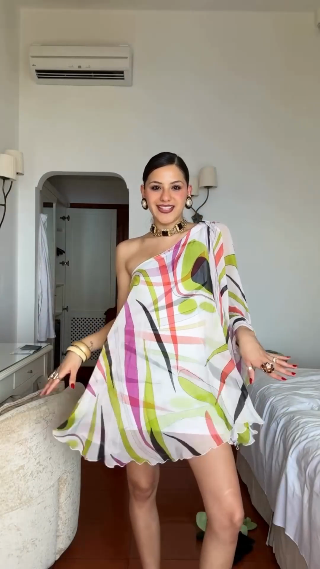 Colorful Abstract Print One - Shoulder Mini Dress