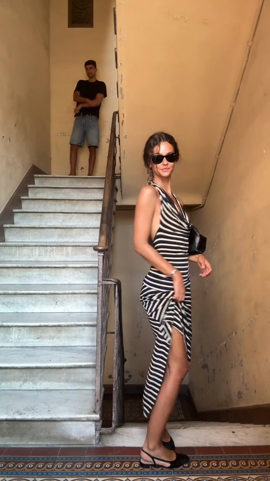 Black and White Striped Halter Dress