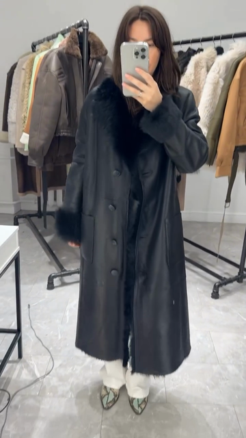Black Leather Coat with Fur Trim