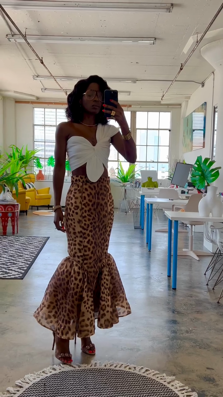 White One - Shoulder Crop Top and Leopard - Print Mermaid Skirt