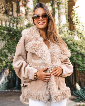 Beige Shearling Collar Faux Fur Jacket