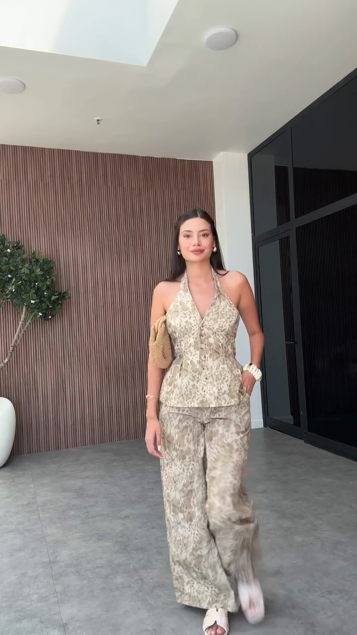 Leopard Print Halter Top and Wide - Leg Pants Set